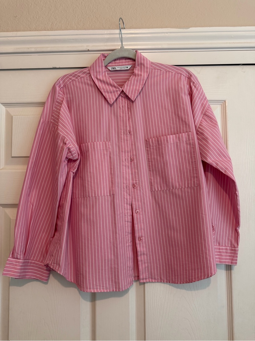 Zara Pink and White Striped Button-Down Shirt